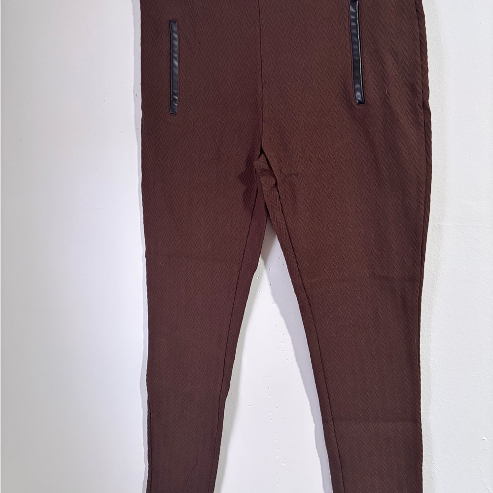 Calvin Klein Womens Dress Pants - Textured Brown- with Faux Leather Pocket Trim